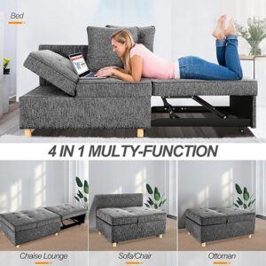 Sofa Bed 4-in-1 Convertible Sofas & Couches, 3-Seat Linen Fabric loveseat Sofa with 2 Throw Pillow, Single Recliner for Small Space with 5 Adjustable Backrest, Black